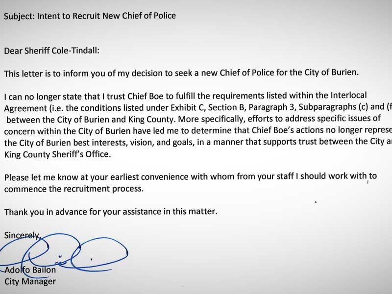 UPDATE: ‘I can no longer state that I trust Chief Boe’ – Burien City Manager officially requests replacement of Police Chief Ted Boe; Sheriff’s Office responds