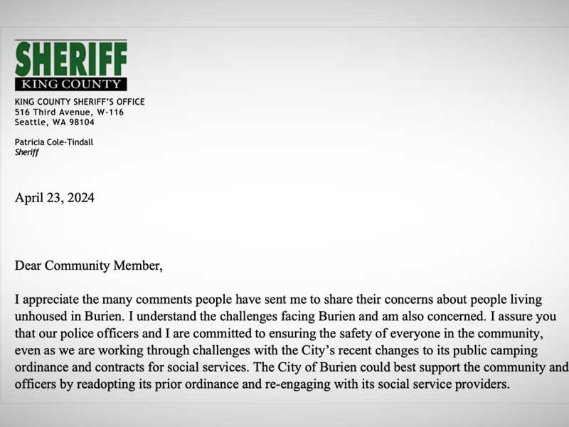 Sheriff releases response to Burien residents’ concerns regarding homelessness and safety; Mayor Schilling responds