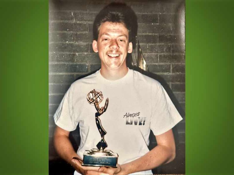 Scott Schaefer with his first Emmy Award for "Almost Live!" 1986.