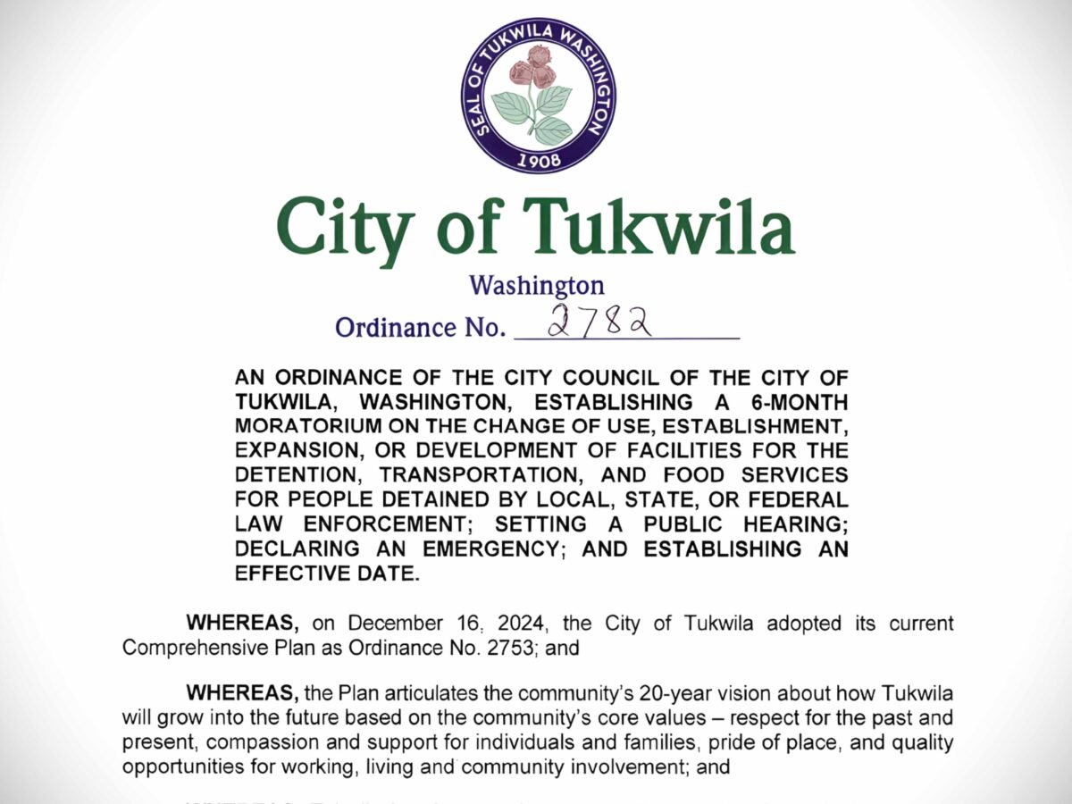 Tukwila City Council adopts emergency 6-month moratorium on new detention facilities