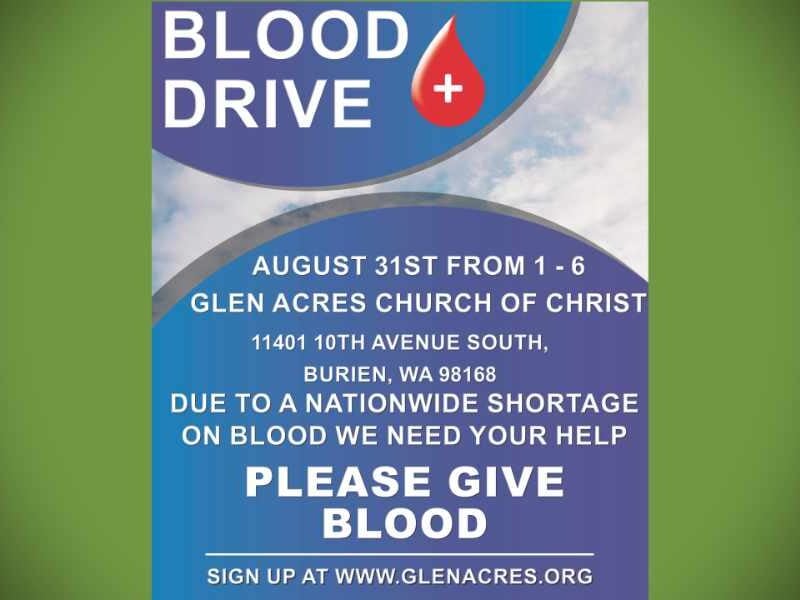 Glen Acres Church of Christ to host Burien Blood Drive on Monday, Aug. 31